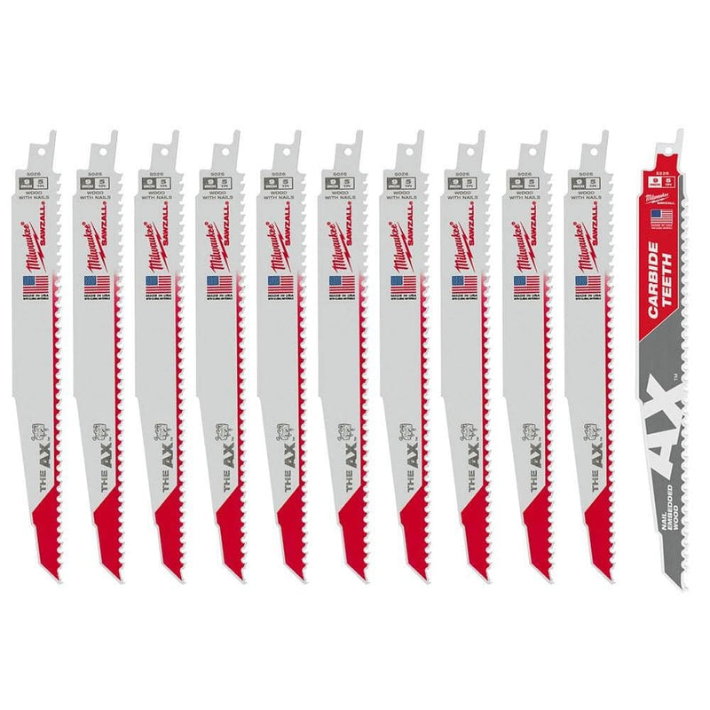 Milwaukee 9 in. 5 TPI AX Nail-Embedded Wood Cutting SAWZALL Reciprocating Saw Blades with Carbide Ax Blade (11-Pack) 48-00-1026T
