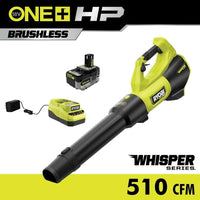 RYOBI ONE+ HP 18V Brushless Whisper Series 130 MPH 510 CFM Cordless Battery Leaf Blower with 6.0 Ah Battery and Charger PBLLB01K