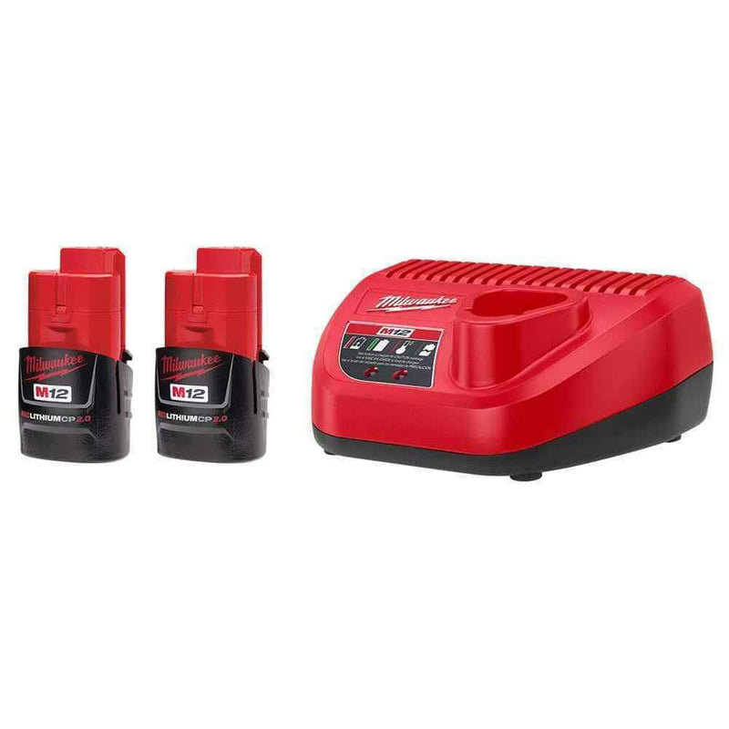 Milwaukee M12 12V Lithium-Ion Compact 2.0 Ah Battery Pack (2-Pack) Starter Kit with Charger 48-59-2420P