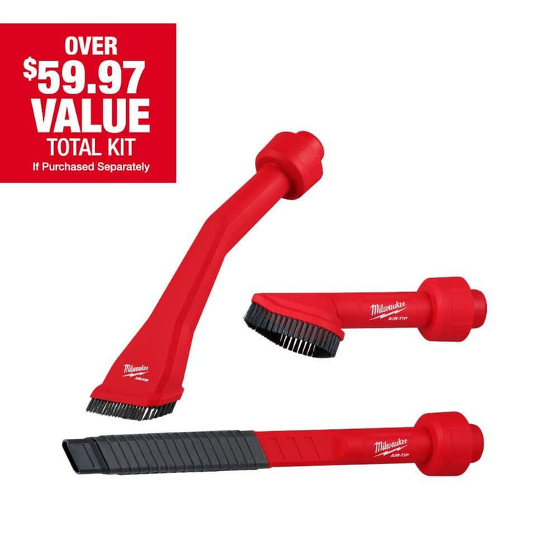 Milwaukee AIR-TIP Claw Utility Nozzle, Rotating Corner Brush, Flexible Long Crevice Tool For Wet/Dry Vacuums Automotive Set (3-Pc) 49-90-2042
