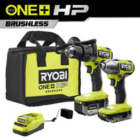 RYOBI ONE+ HP 18V Brushless Cordless 1/2 in. Hammer Drill and 1/4 in 4-Mode Impact Driver Kit w/ (2) Batteries, Charger, & Bag PBLCK02K