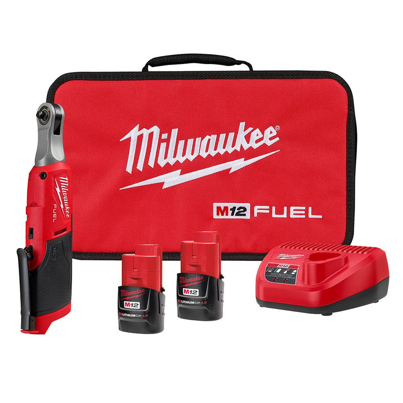 Milwaukee M12 FUEL 12V Lithium-Ion Brushless Cordless High Speed 1/4 in. Ratchet Kit w/(2) Batteries, Charger and Bag 2566-22