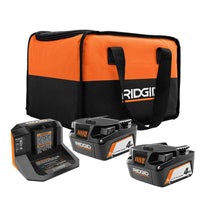 RIDGID 18V Lithium-Ion (2) 4.0 Ah Battery Starter Kit with Charger and Bag AC93044SBN