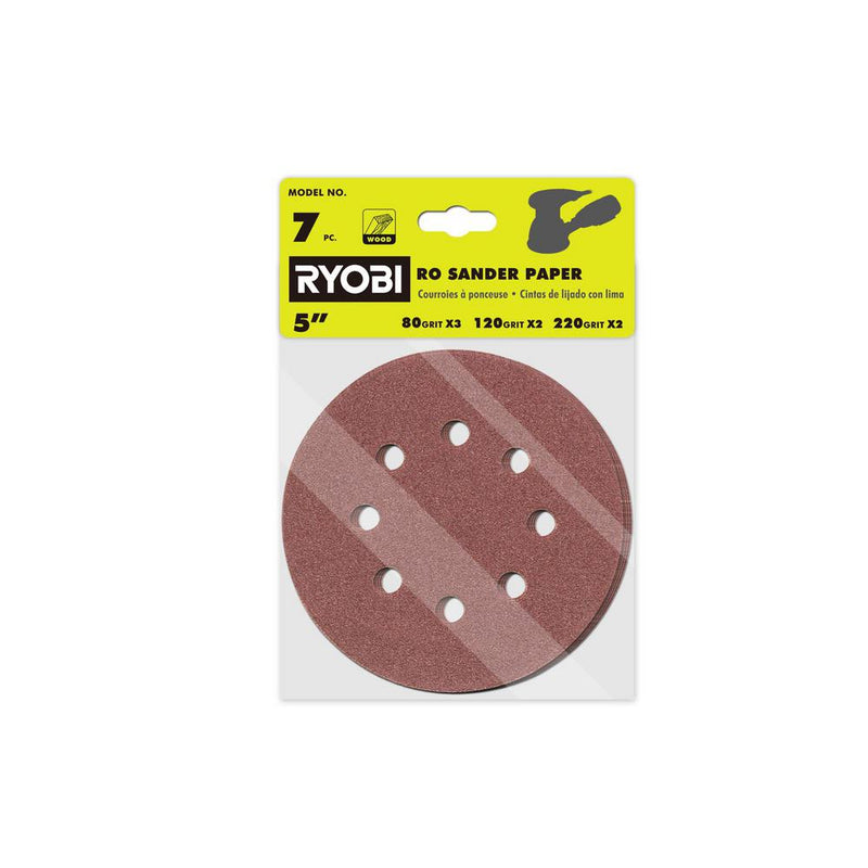 RYOBI 7-Piece 5 in. Random Orbit Sand Paper Assortment Set - 80, 120, and 220 Grit A21701