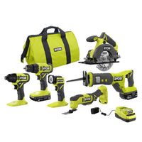 RYOBI ONE+ 18V Cordless 6-Tool Combo Kit with 1.5 Ah Battery, 4.0 Ah Battery, and Charger PCL1600K2