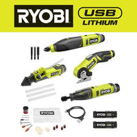 RYOBI USB Lithium 4-Tool Hobby Combo Kit with Cutter, Rotary Tool, Carver, Glue Pen, Batteries, and USB Charging Cable FVH100K2