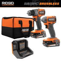 RIDGID 18V SubCompact Brushless 2-Tool Combo Kit with Drill/Driver, Impact Driver, (2) 2.0 Ah Batteries, Charger, and Tool Bag R97801