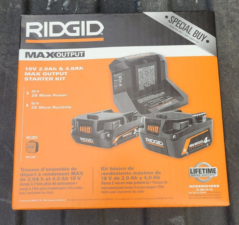 RIDGID 18V MAX Output 4.0 Ah and 2.0 Ah Batteries with 18V Charger AC8400240SB