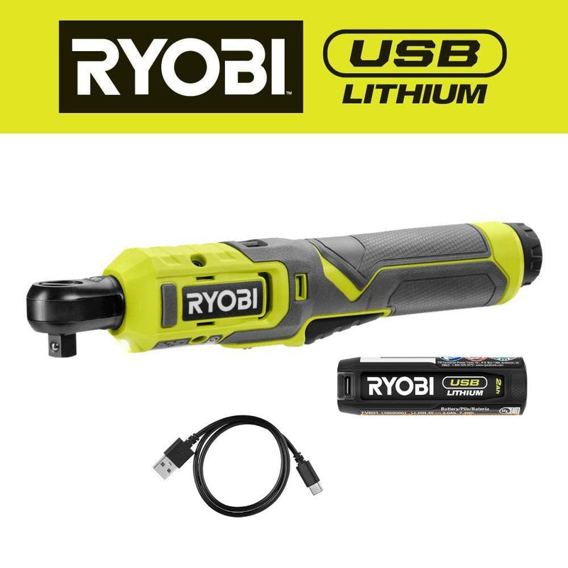 RYOBI USB Lithium 3/8 in. Ratchet Kit with 2.0 Ah Battery and USB Charging Cable FVRC51K