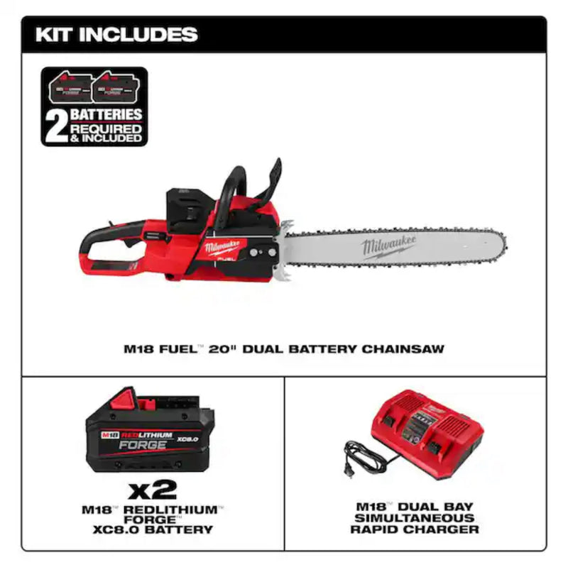 Milwaukee M18 FUEL 18V Brushless Cordless 20 in. Dual Battery Chainsaw Kit with (2) 8.0 Ah FORGE Batteries, Dual Bay Rapid Charger 2827-22